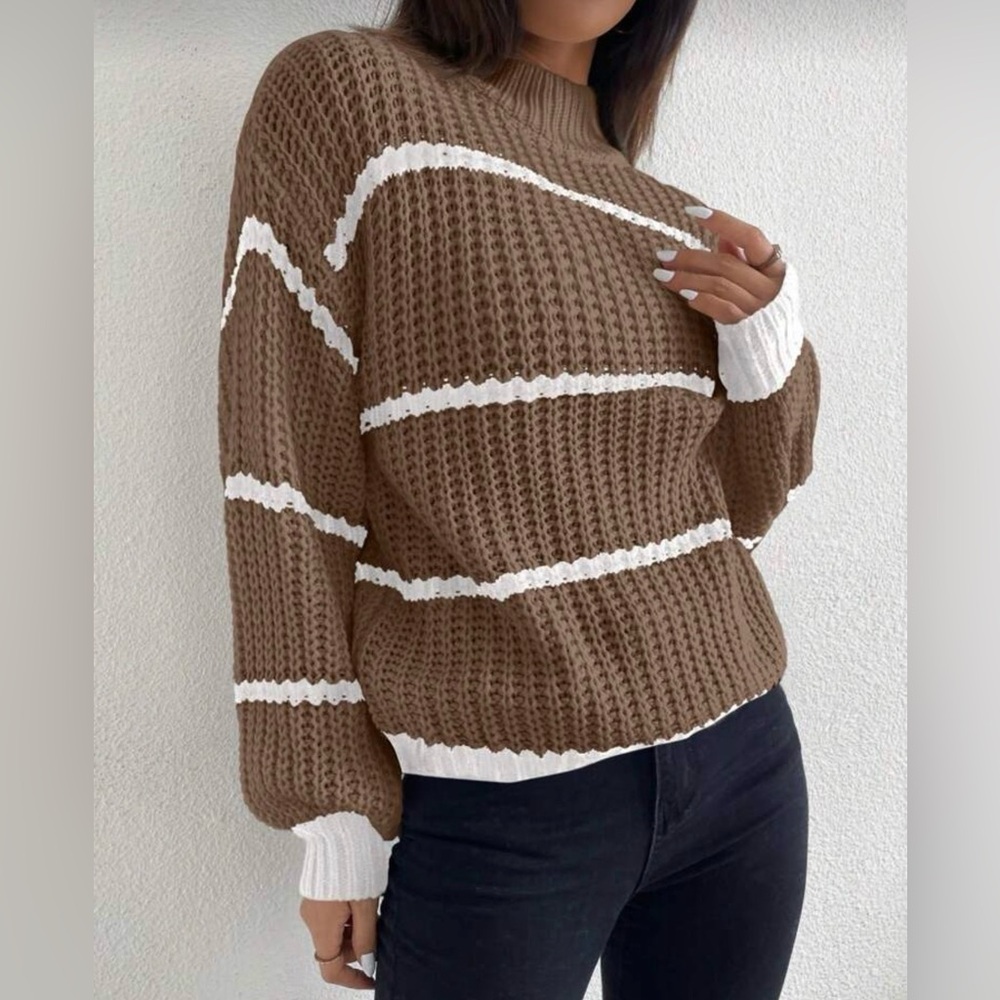 SHEIN Brown and White Striped Knit Sweater Size Medium BRAND NEW 🤎 - Picture 6 of 7